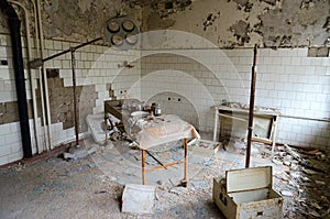 Hospital in abandoned ghost town Pripyat in alienation zone of Chernobyl NPP, Ukraine photo